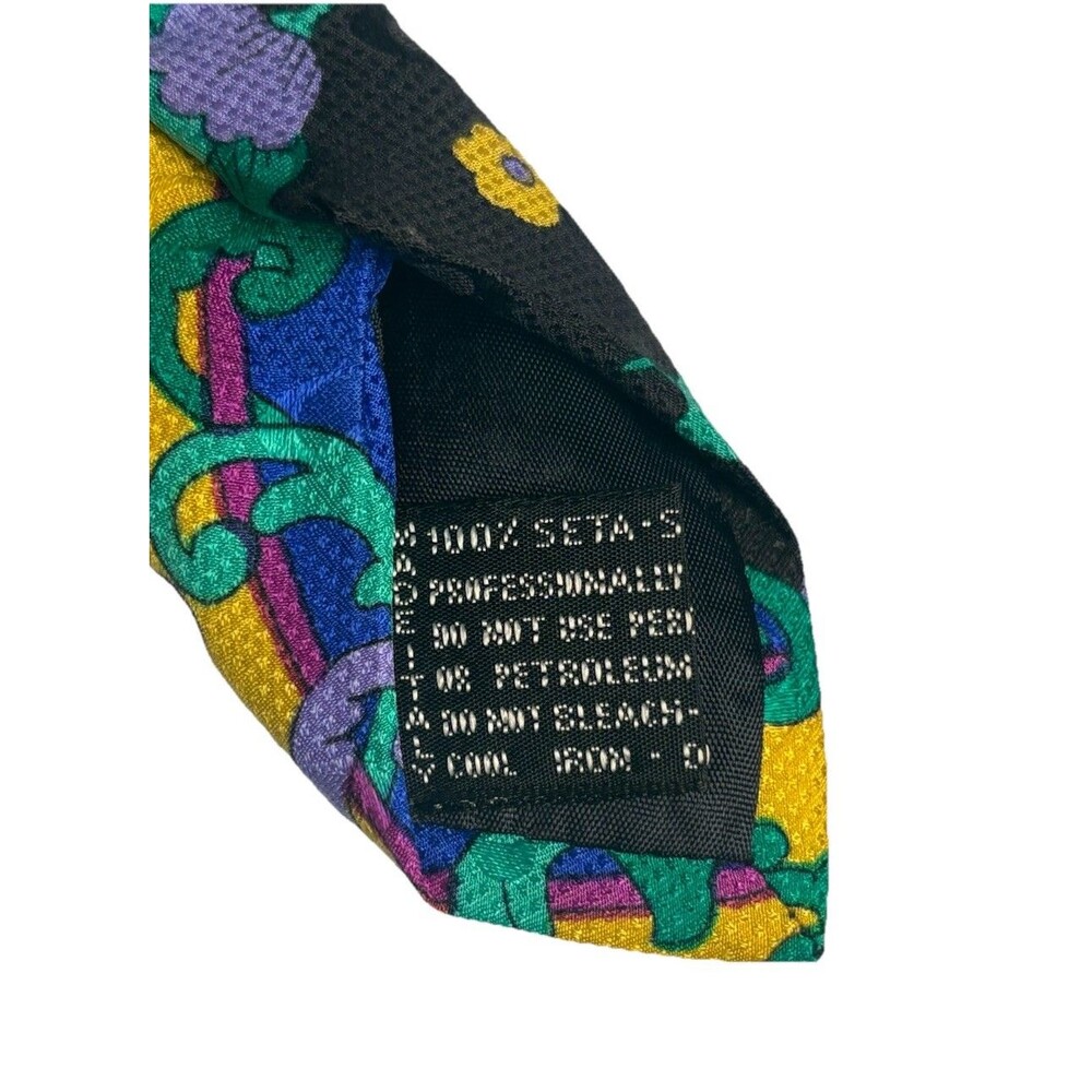 Vtg V2 Versace Mens Black Red Purple Floral Silk Tie 3.75" W Luxury Italy Retro - Picture 5 of 7